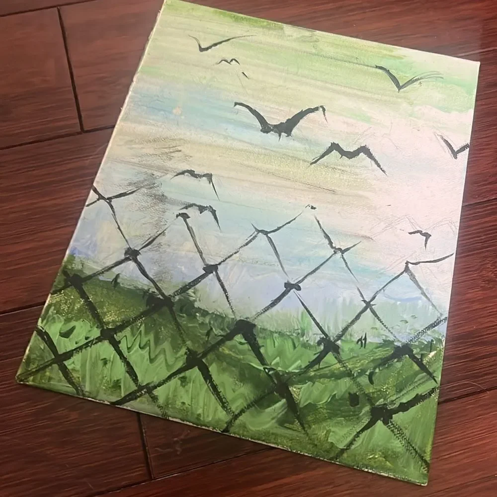 2 Paintings (1 Sunset , 1 Bird and Fence) Fun Colorful Paintings - 8 x 10